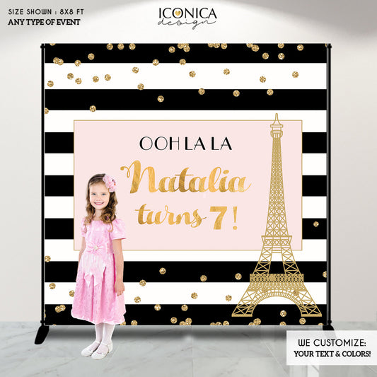 French Birthday Backdrop - Floral Party Backdrop - Black And White Stripes Banner, Any Event Gold Confetti Printed Or Printable File Bbd0046