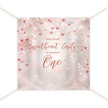 Load image into Gallery viewer, Valentines Day Birthday backdrop, Valentine&#39;s day,  Our little Sweetheart First Birthday Decorations,Hearts Bokeh Photo Backdrop, Valentines banner BVL0007
