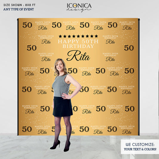 Photo Booth Backdrop, 50th Birthday, Custom Step And Repeat Backdrops, Milestone Birthday Backdrop, Personalized, gold backdrop Printed - Bbd0001