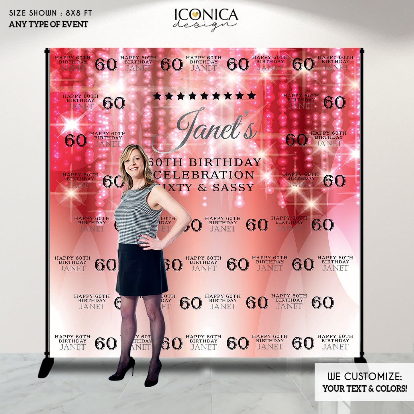 Photo Booth Backdrop - 60th Birthday Step And Repeat Backdrop Red Silver Chandelier, Milestone Birthday Backdrop, Sixty and Sassy - Printed BBD0068