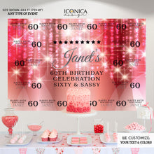 Load image into Gallery viewer, Photo Booth Backdrop - 60th Birthday Step And Repeat Backdrop Red Silver Chandelier, Milestone Birthday Backdrop, Sixty and Sassy - Printed BBD0068
