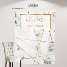 Load image into Gallery viewer, Geometric Photo Backdrop, Modern Marble Party Decorations, Gold and Gray Marble Decor,Marble Baby Shower Backdrop, any text or type of event
