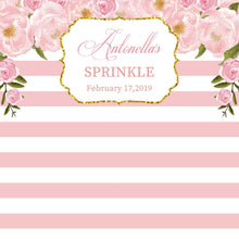Load image into Gallery viewer, Floral Pink Baby Shower Backdrop, Gold and Pink Peonies Dessert Table Banner, any wording -colors, Garden Party Printed or Printable BBS0043
