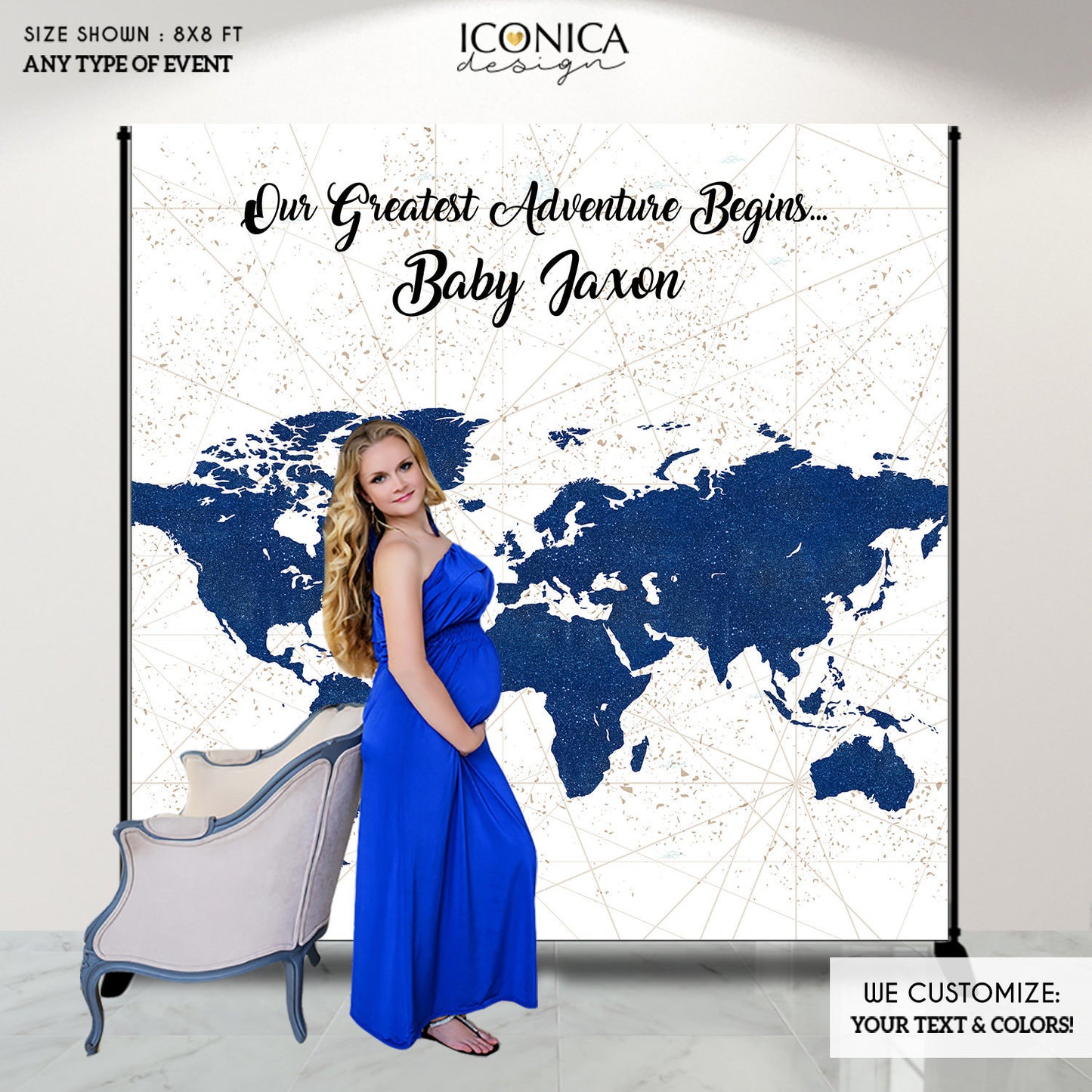 Travel and Adventure Party Decor, Travel Themed Baby Shower Backdrop, Our greatest adventure, Faux Blue Glitter map, any color BBS0064