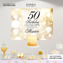 Load image into Gallery viewer, 50th Birthday Backdrop, 50th Birthday Custom Step And Repeat Backdrops, Milestone Birthday Backdrop,  Personalized birthday decor, Gold Bokeh Banner BBD0156
