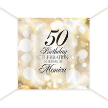 Load image into Gallery viewer, 50th Birthday Backdrop, 50th Birthday Custom Step And Repeat Backdrops, Milestone Birthday Backdrop,  Personalized birthday decor, Gold Bokeh Banner BBD0156
