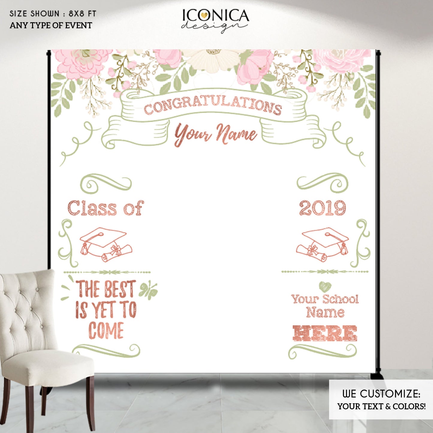 Graduation Party Photo Booth Backdrop, Virtual Graduation, Floral Step and Repeat, Congrats Grad, Banner Printed BGR0015