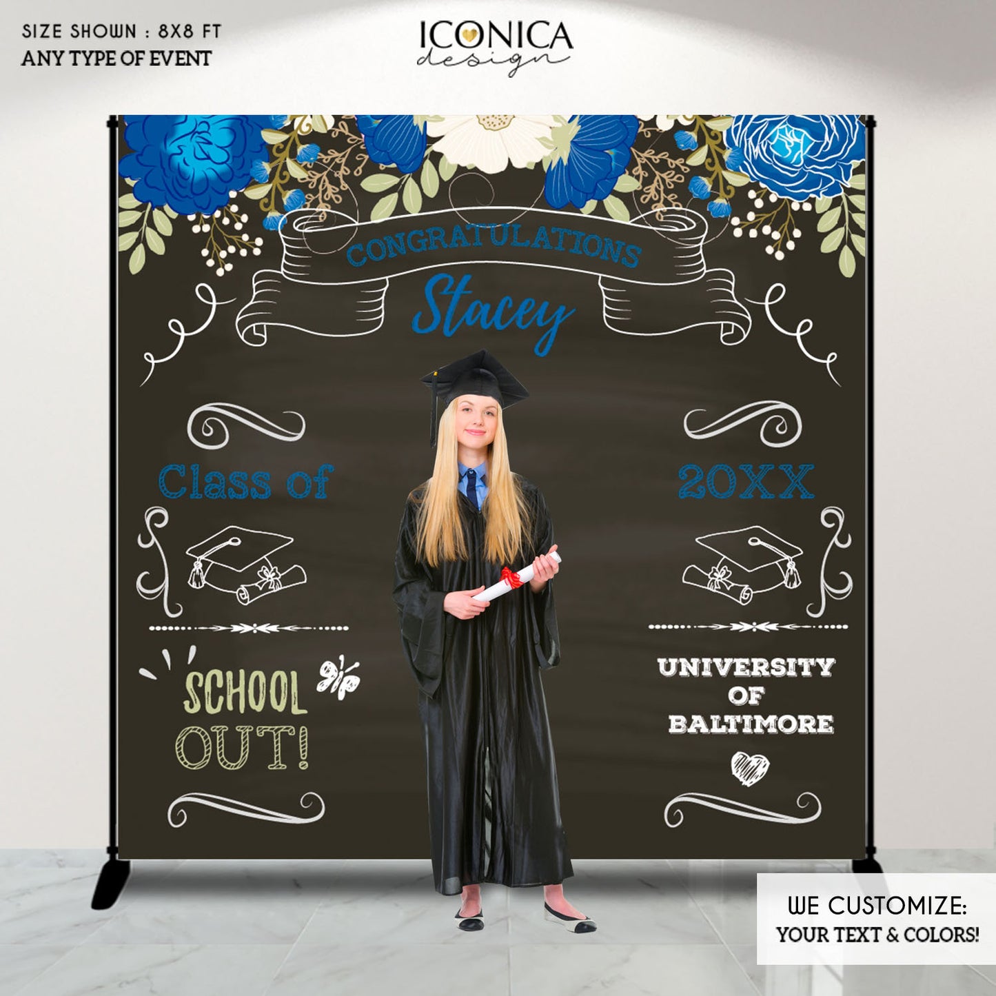 Graduation Party Photo Booth Backdrop, Virtual Graduation, Floral Step and Repeat, Congrats Grad, Banner Printed BGR0035