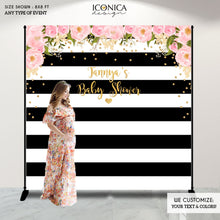 Load image into Gallery viewer, Baby Shower Floral Party Backdrop, Black And White Stripes, Baby Shower Banner, Any Event, Gold Confetti, Printed Or Printable File Bbs0002
