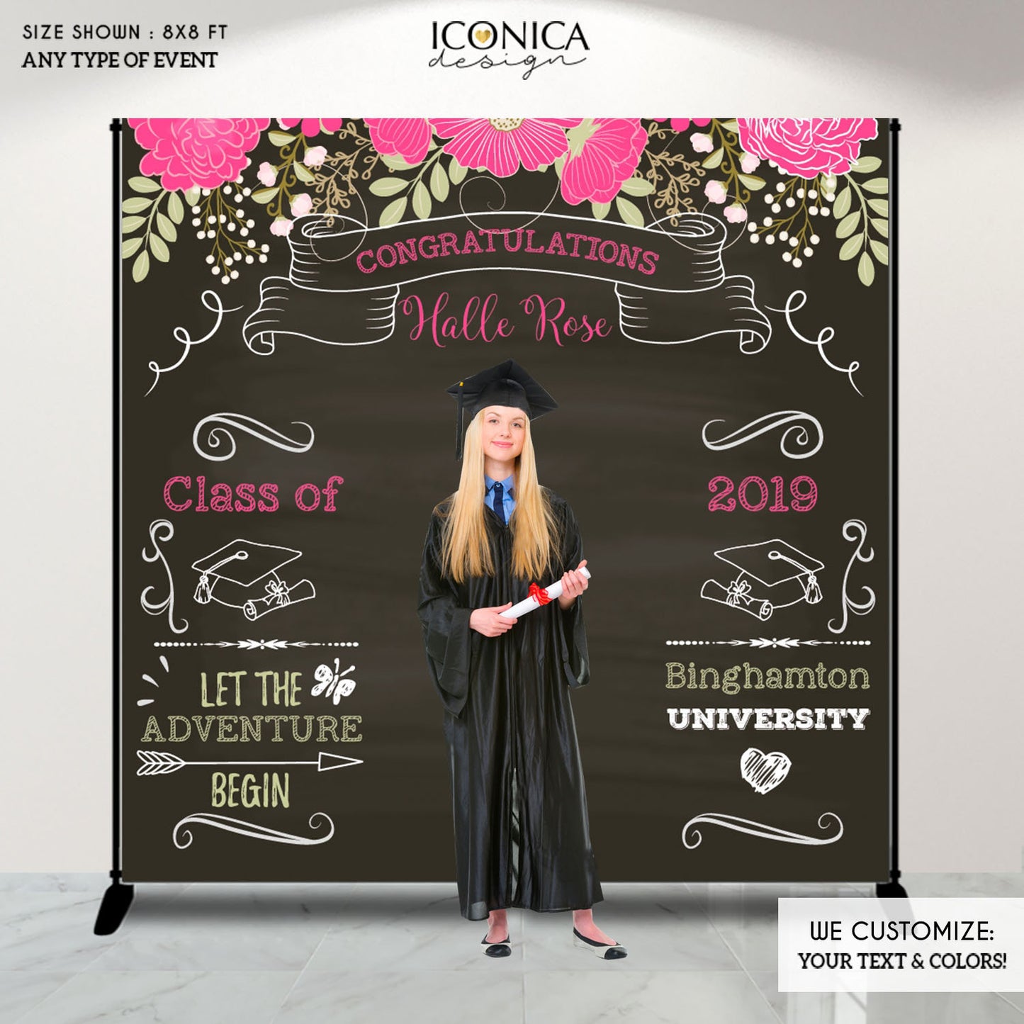 Graduation Party Photo Booth Backdrop, Graduation Floral Step and Repeat, Congrats Grad, Banner Printed BGR0013