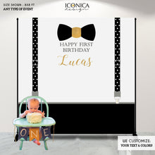 Load image into Gallery viewer, Little Man First Birthday Backdrop, Bowtie Backdrop, Mr. ONEderful Party Decor, Any Color text or age, Printed
