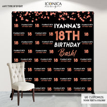 Load image into Gallery viewer, Birthday party Decor 18th Birthday Photo Booth Backdrop, Black and Rose Gold, any age, Printed or Printable File BHO0027

