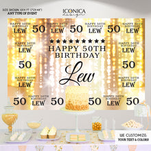 Load image into Gallery viewer, 50th Birthday Backdrop, Photo Booth Party Backdrop, Milestone Birthday Backdrop , Step And Repeat, Red Carpet Banner, 50 and Fabulous, 50 Years, Gold Backdrop, BBD0019
