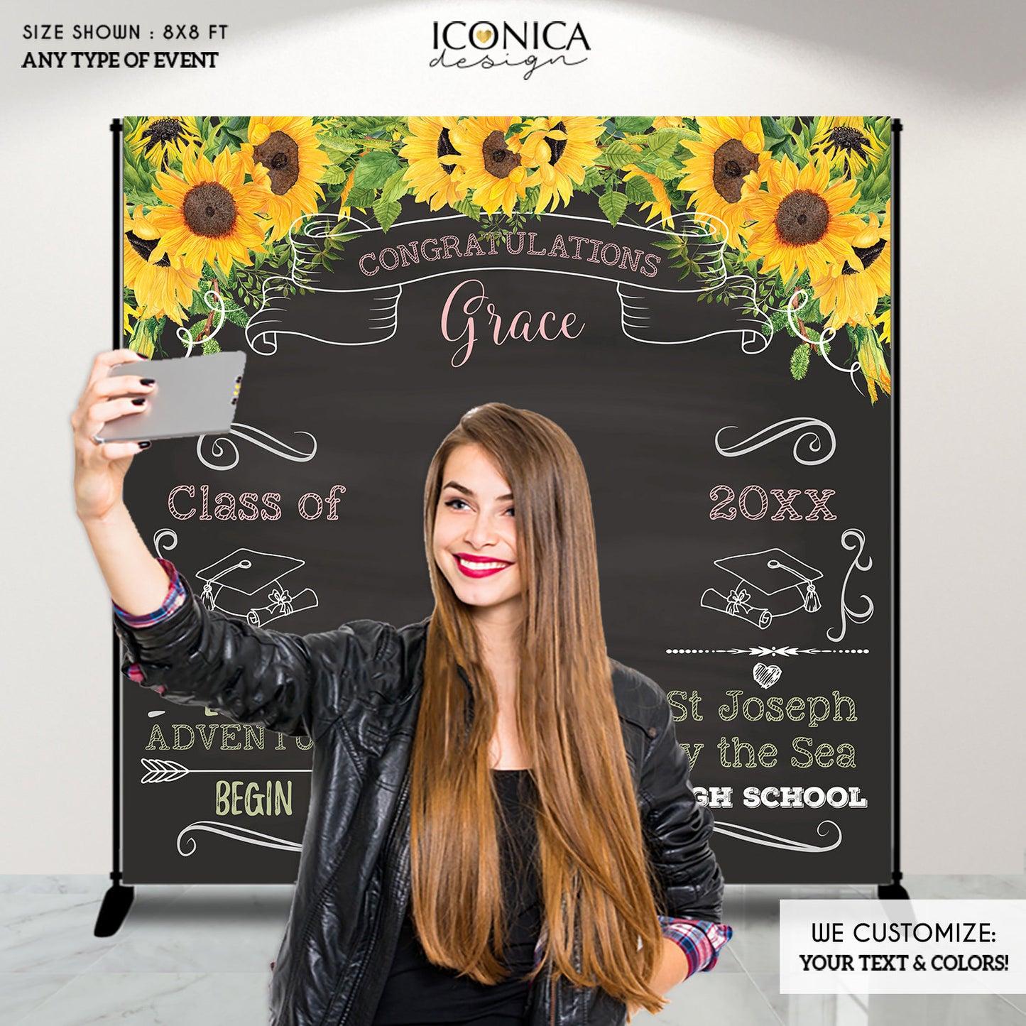 Graduation Party Photo Booth Backdrop, Virtual Graduation, Sunflowers Floral Step and Repeat, Congrats Grad Banner, Printed BGR0021