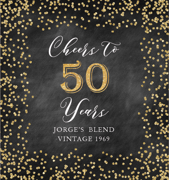 50th Birthday Party Decor, Any Age, Custom Beverage Labels, Bottle wrappers, personalized beer or wine labels, gold and chalky design