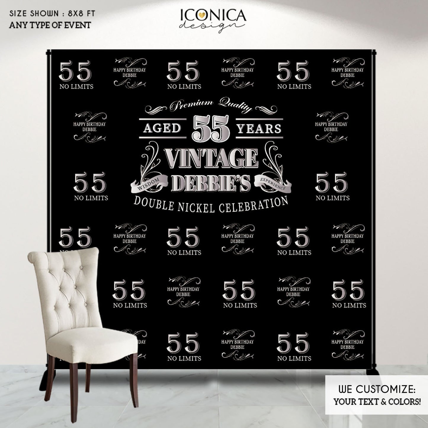 55th Birthday Backdrop,Double Nickel Celebration, Milestone Birthday Backdrop, 50th Birthday Backdrop,Aged to Perfection,Custom Step And Repeat Banner,Personalized w/age