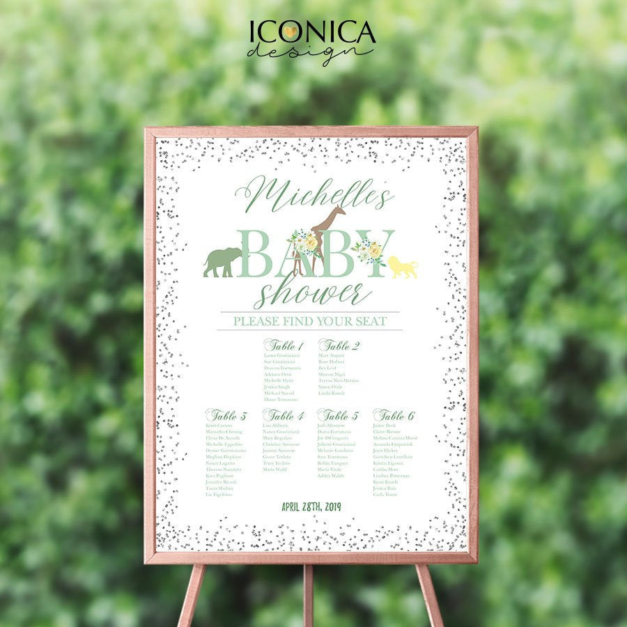 Safari BABY SHOWER Seating Chart Board, Safari Seating Chart, Jungle Animals Guest List Chart,Any Color, Template Or Printed