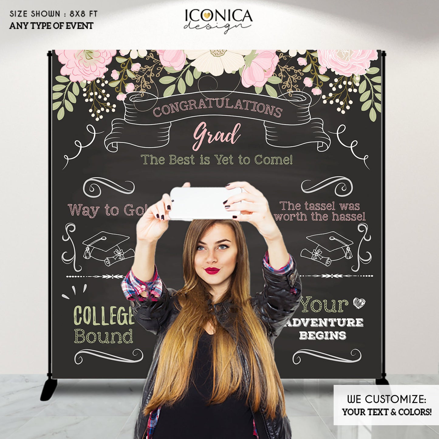 Graduation Party Photo Booth Backdrop,Graduation Party Decorations,Congrats Grad Decor,Floral Graduation Step and Repeat Backdrop, BGR0017