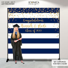 Load image into Gallery viewer, Graduation Party Photo Booth Backdrop, Graduation, Navy Blue Stripes Graduation Step and Repeat, Any color, Congrats Grad BGR0018
