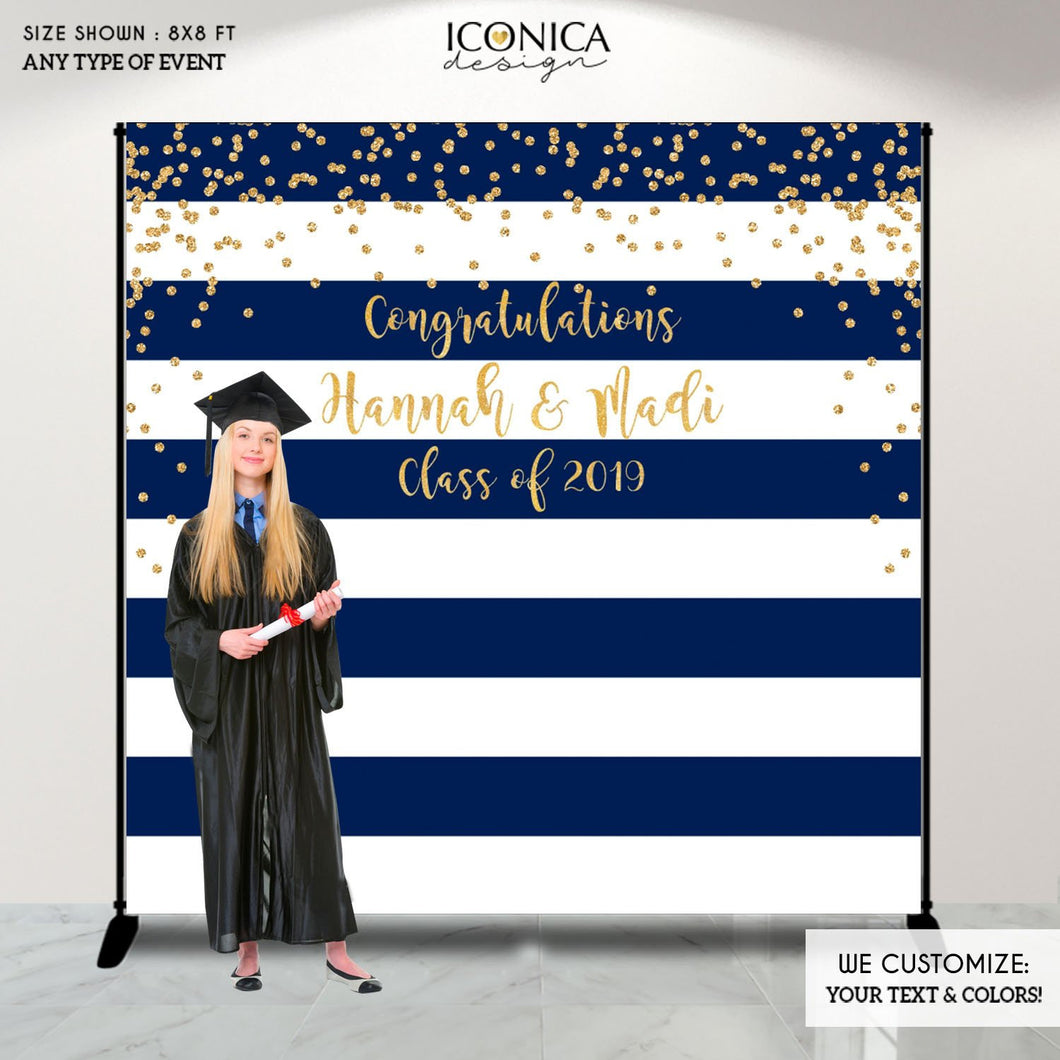 Graduation Party Photo Booth Backdrop, Graduation, Navy Blue Stripes Graduation Step and Repeat, Any color, Congrats Grad BGR0018