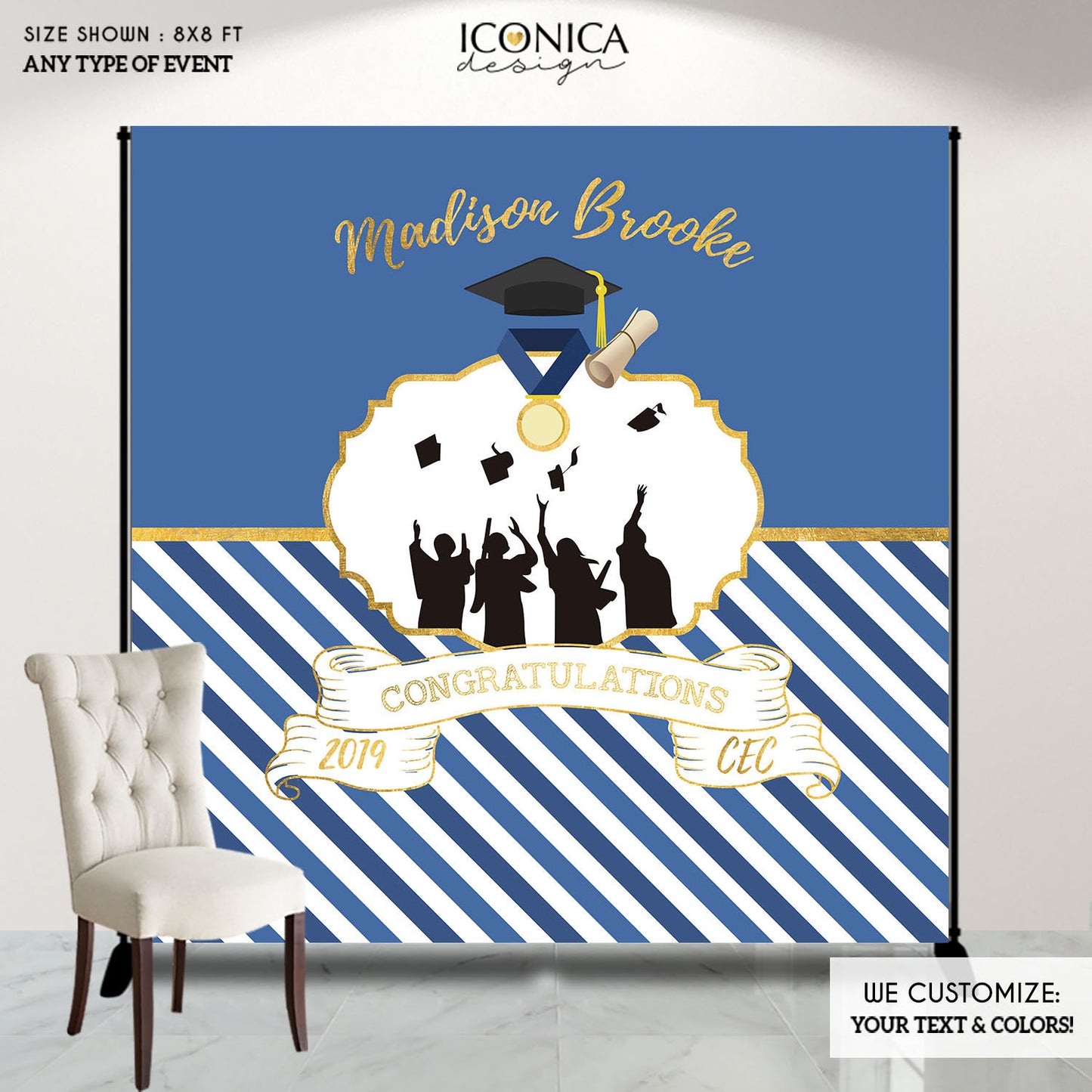 Graduation Party Photo Booth Backdrop, Virtual Graduation, Blue Graduation Decor Step and Repeat, Any color, Congrats Grad, any text