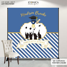 Load image into Gallery viewer, Graduation Party Photo Booth Backdrop, Virtual Graduation, Blue Graduation Decor Step and Repeat, Any color, Congrats Grad, any text
