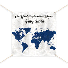 Load image into Gallery viewer, Travel and Adventure Party Decor, Travel Themed Baby Shower Backdrop, Our greatest adventure, Faux Blue Glitter map, any color BBS0064
