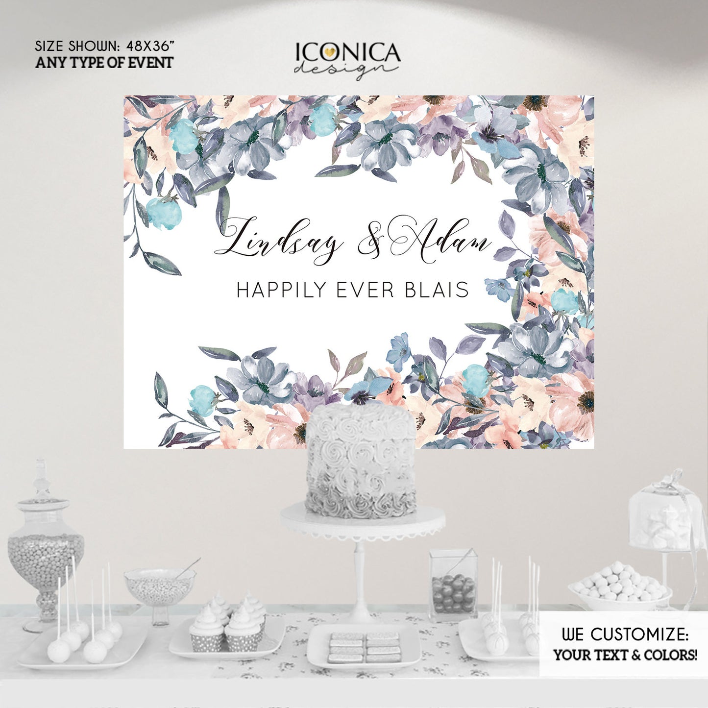 Engagement Party decorations,Blush Pink and Dusty Blue Floral Wedding Decor,Floral Wedding Photo backdrop,Personalized {Lindsay Collection}