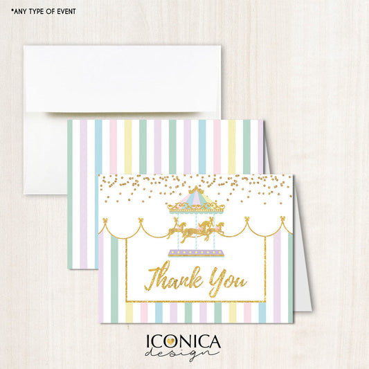 Carousel Thank You Cards, Carnival Cards, Pink Circus cards //set Of 10//A2 Folded with Envelopes, NonPersonalized, Printed Cards TCF0009