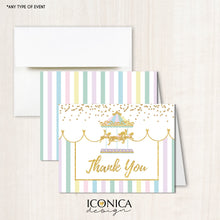 Load image into Gallery viewer, Carousel Thank You Cards, Carnival Cards, Pink Circus cards //set Of 10//A2 Folded with Envelopes, NonPersonalized, Printed Cards TCF0009
