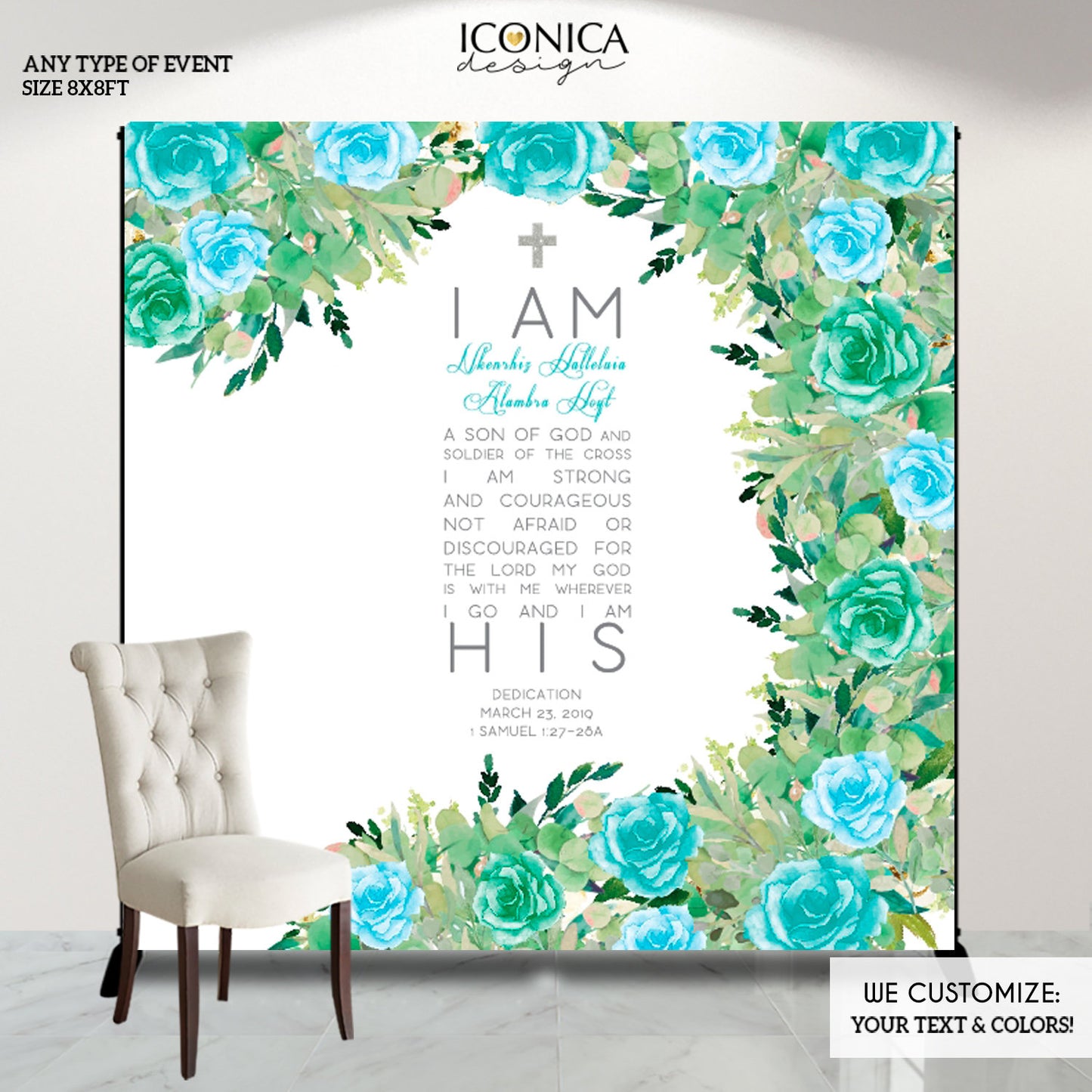 Baptism Backdrop, Floral and Greenery Backdrop, First Communion Backdrop, Personalized, Christening Backdrop, boys first communion