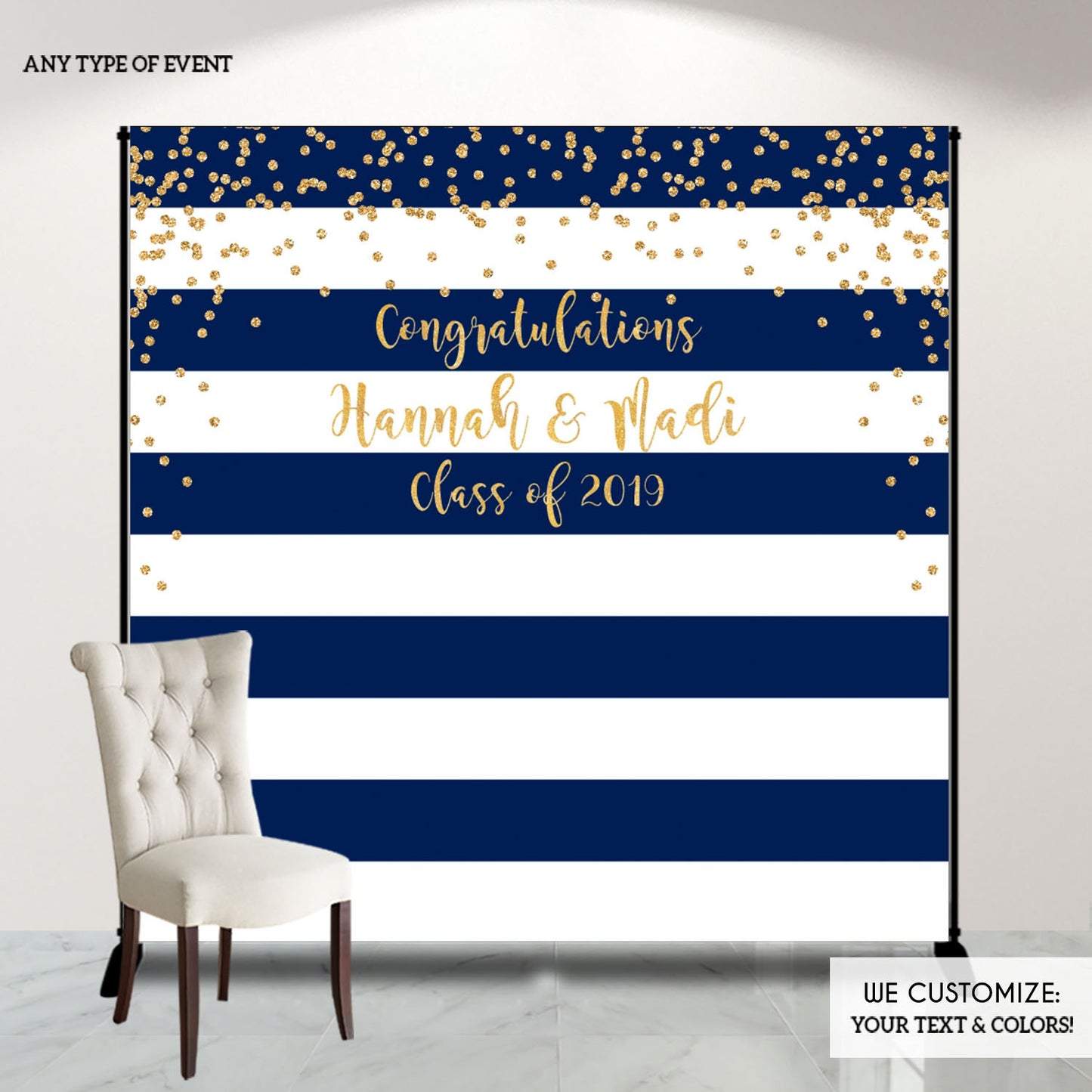 Graduation Party Photo Booth Backdrop, Graduation, Navy Blue Stripes Graduation Step and Repeat, Any color, Congrats Grad BGR0018