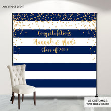 Load image into Gallery viewer, Graduation Party Photo Booth Backdrop, Graduation, Navy Blue Stripes Graduation Step and Repeat, Any color, Congrats Grad BGR0018
