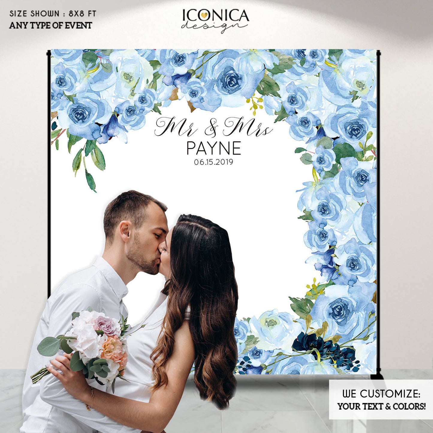 Wedding Backdrop Decor - Vinyl Backdrop - Party Decor Banner - Blue Flower Banner - Floral Backdrop - Bridal Backdrop BWD0049