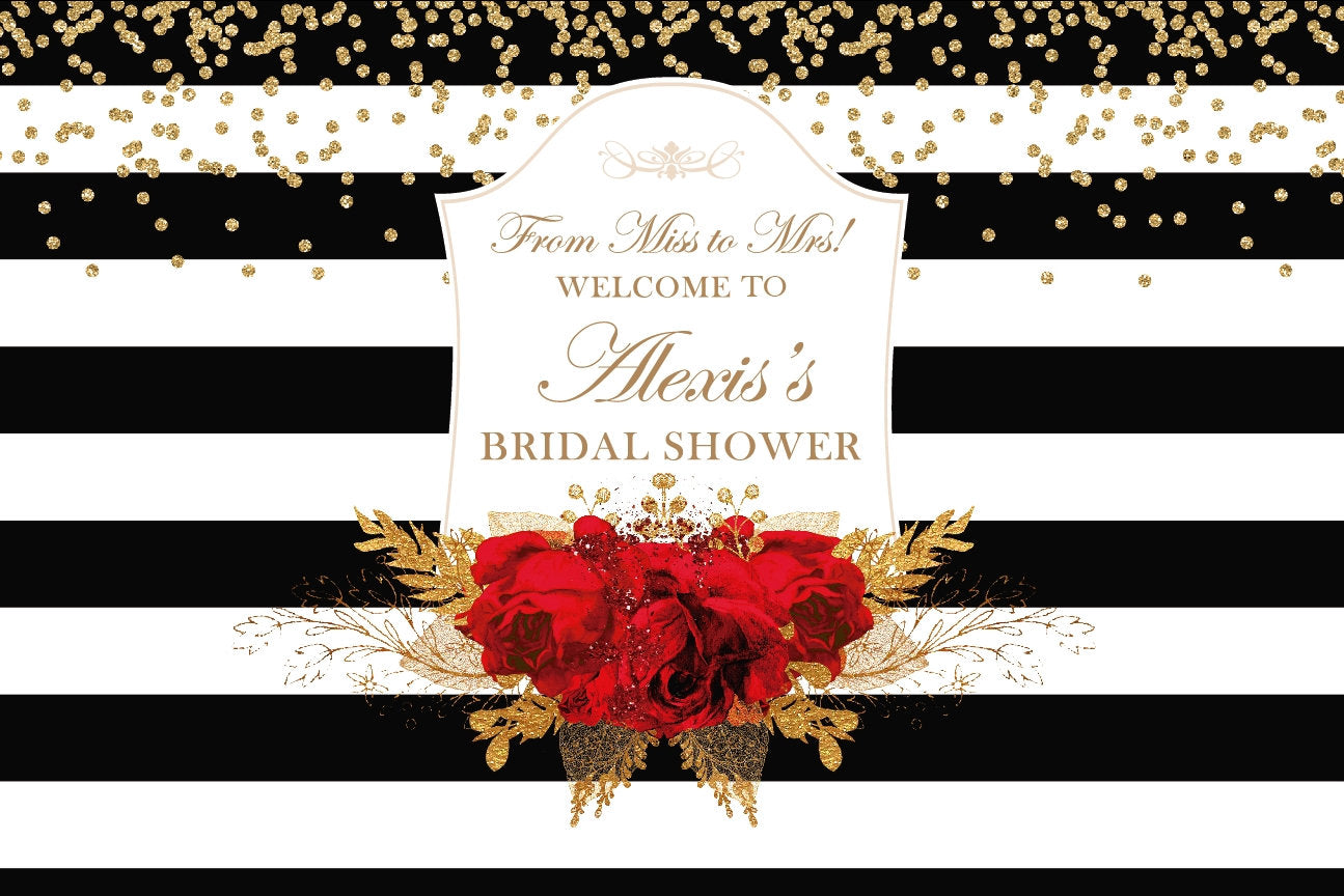 Bridal Shower Backdrop, Black and White Stripes Banner, Floral Red and Gold backdrop, Red roses backdrop, Printed BBR0036