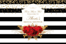 Load image into Gallery viewer, Bridal Shower Backdrop, Black and White Stripes Banner, Floral Red and Gold backdrop, Red roses backdrop, Printed BBR0036
