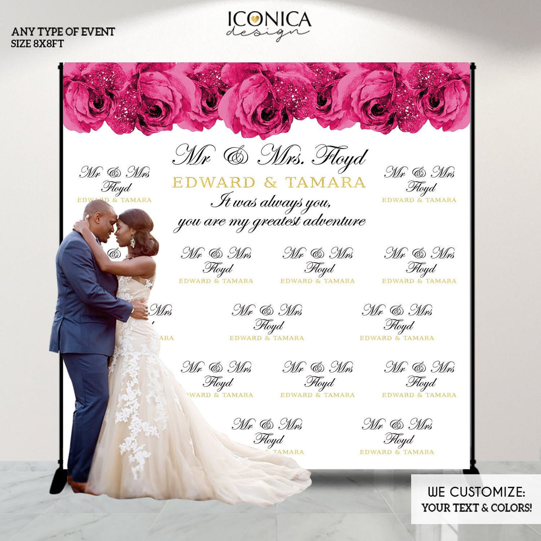 Wedding Photo Backdrop, Hot Pink roses,Elegant Wedding Banner,Floral Wedding Decor,Floral photo backdrop, Printed or Printable File BBS0050