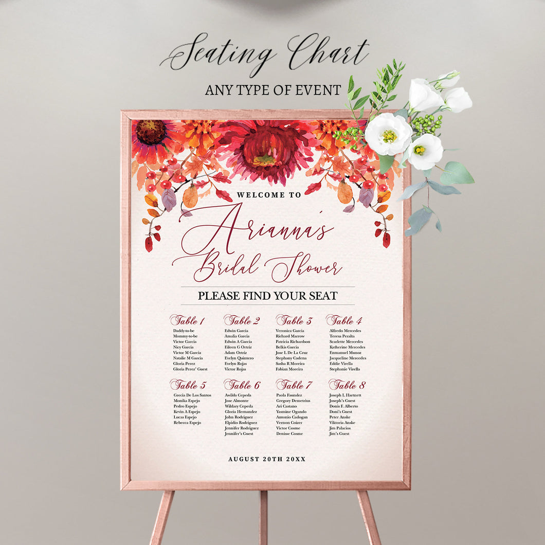 Fall Bridal Shower Decor, Fall Engagement Party Seating Chart Board,Custom Guest List Chart,Personalized Seating Chart {Bruna Collection}