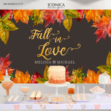 Load image into Gallery viewer, Fall in Love Bridal Shower Backdrop, Fall Engagement Party, Watercolor Fall Leaves, Thanksgiving Banner Printed BEN0008
