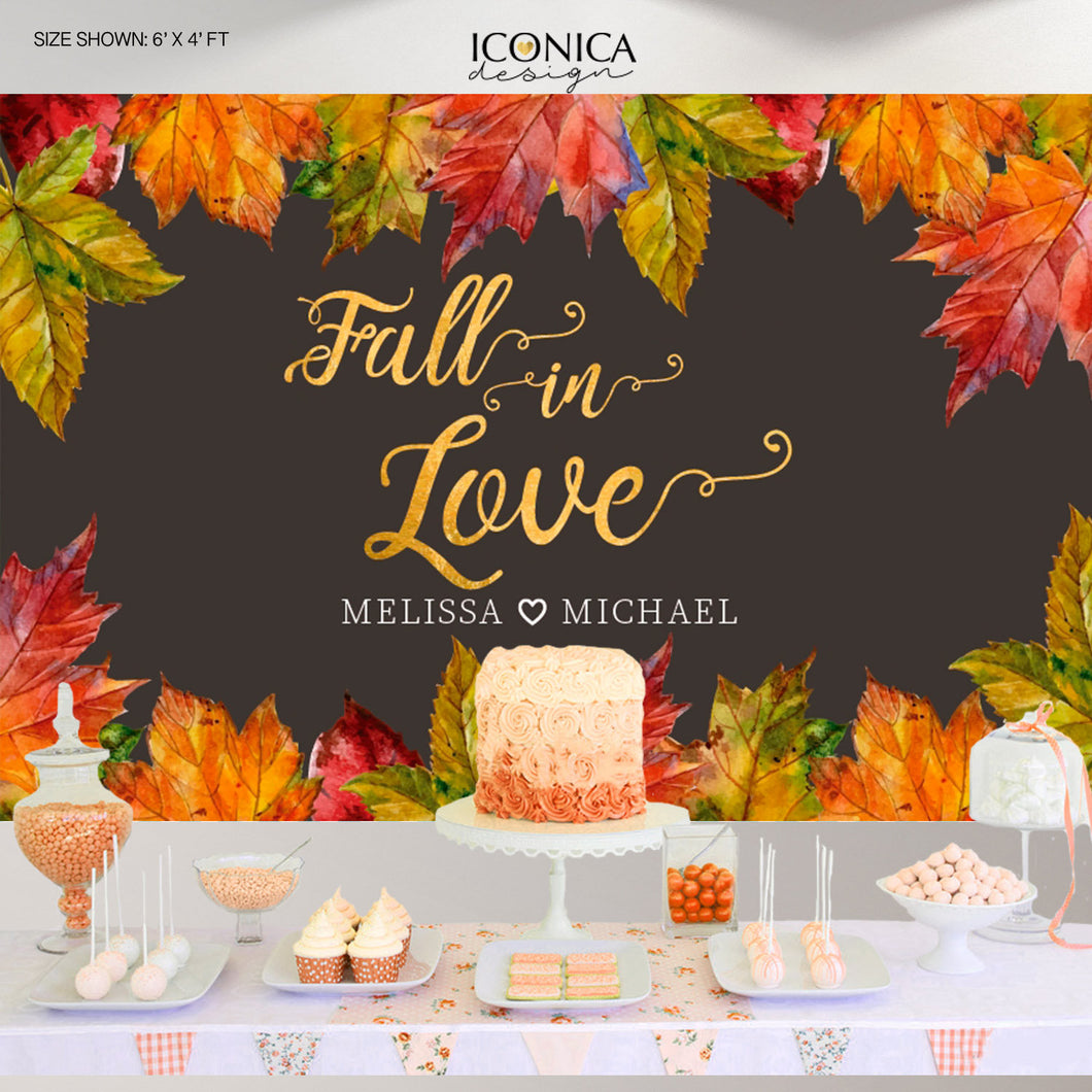 Fall in Love Bridal Shower Backdrop, Fall Engagement Party, Watercolor Fall Leaves, Thanksgiving Banner Printed BEN0008