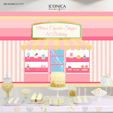 Load image into Gallery viewer, Bakery Backdrop, Candy Shop Kids Birthday Backdrop, Cupcake 1st Birthday Party Decor, Sweet Shoppe Party Backdrop, Any Age, Baking party, BBD0080
