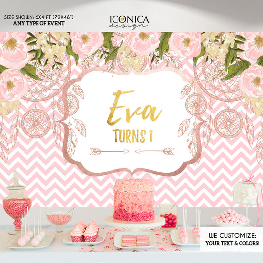 Floral Tribal Bridal Shower Backdrop, Rose Gold And Pink Dessert Table Banner, Boho chic Banner, Printed BBR0017