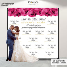 Load image into Gallery viewer, Wedding Backdrop, Red roses, Elegant Black and Gold Banner, Floral Wedding Decor, Floral photo backdrop, Printed BBS0050
