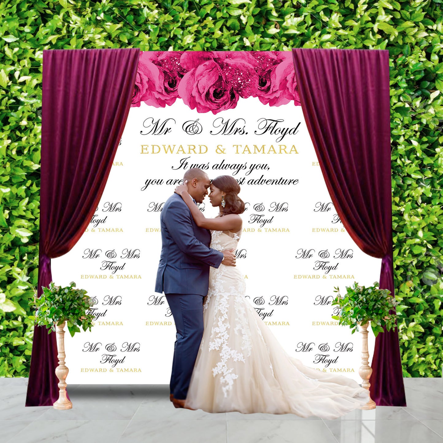 Wedding Photo Backdrop, Hot Pink roses,Elegant Wedding Banner,Floral Wedding Decor,Floral photo backdrop, Printed or Printable File BBS0050