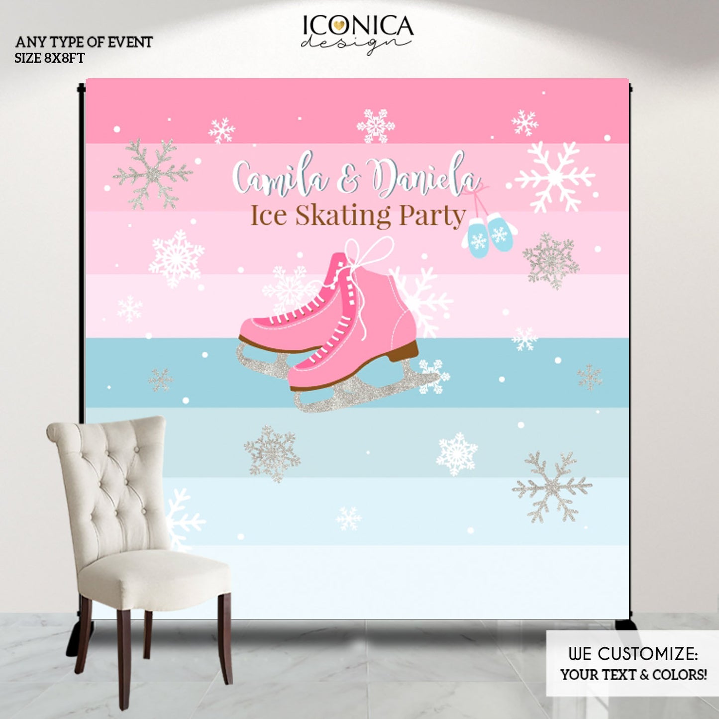 Ice Skating Party Backdrop,Winter Wonderland Custom Photo Backdrop,Let's Skate Party Decor