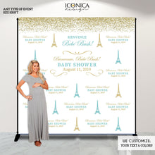 Load image into Gallery viewer, Paris Baby Shower Photo Booth Backdrop,  Welcoming Princess Backdrop, Step and Repeat French Baby Shower , Printed Or Digital File BBS0044
