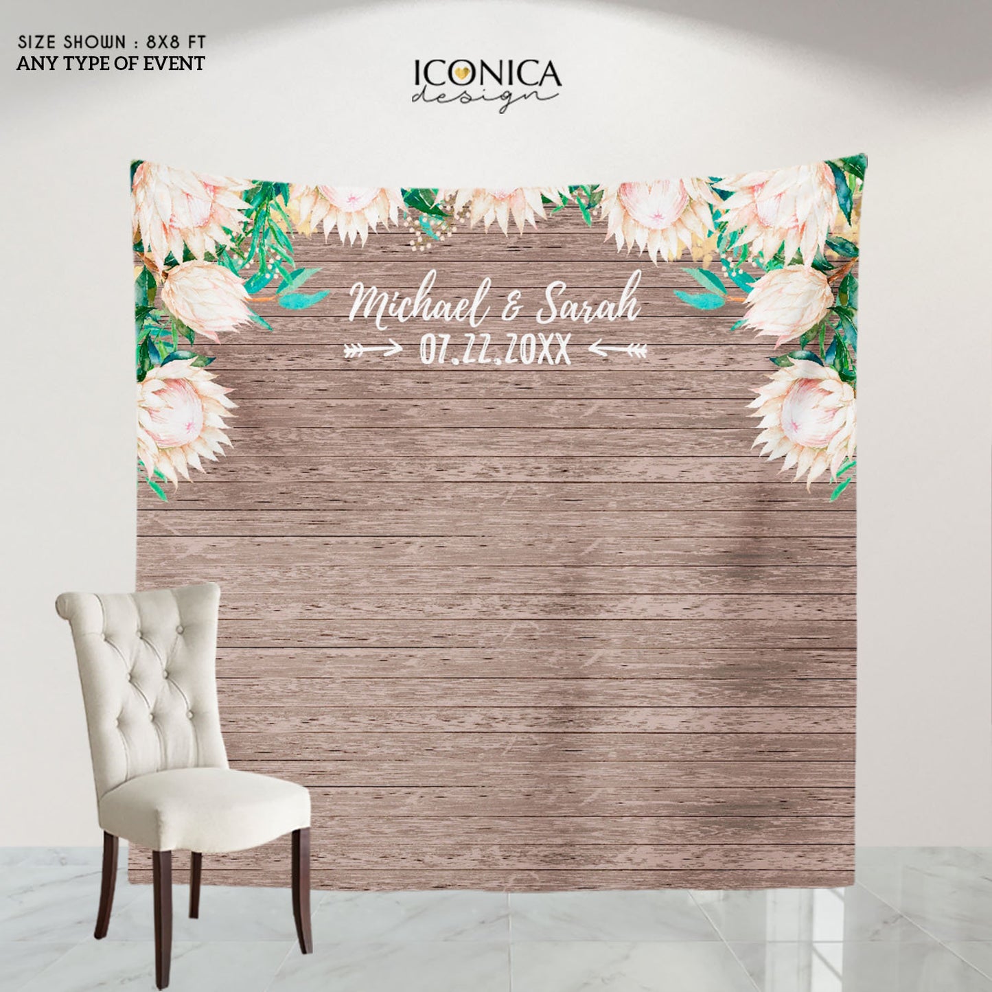 Floral Engagement Party Backdrop, Rustic Floral Photo Booth Backdrop, White Protea watercolor Flowers, Printed Or Printable BEN0005