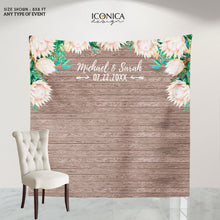 Load image into Gallery viewer, Floral Engagement Party Backdrop, Rustic Floral Photo Booth Backdrop, White Protea watercolor Flowers, Printed Or Printable BEN0005
