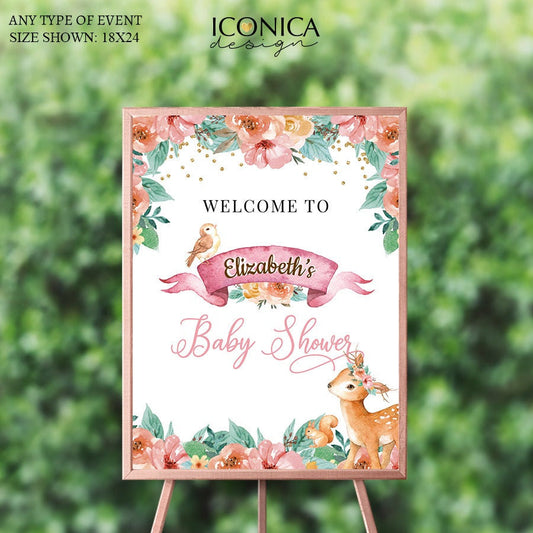 Oh Deer Baby Shower Welcome Sign , Woodland Personalized Decor, Forest Animals Baby Shower,Boho Decor, Printed