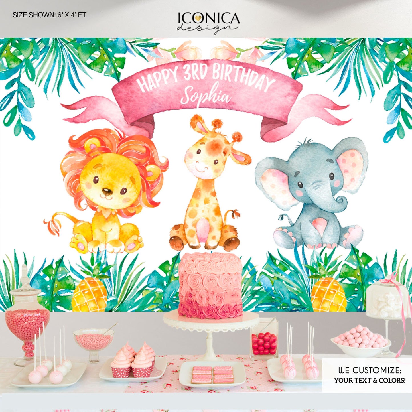 Safari Backdrop, Party Animals Backdrop,Personalized Safari Banner Jungle Animals Backdrop Watercolor Animals Banner Printed-Digital BBD0089